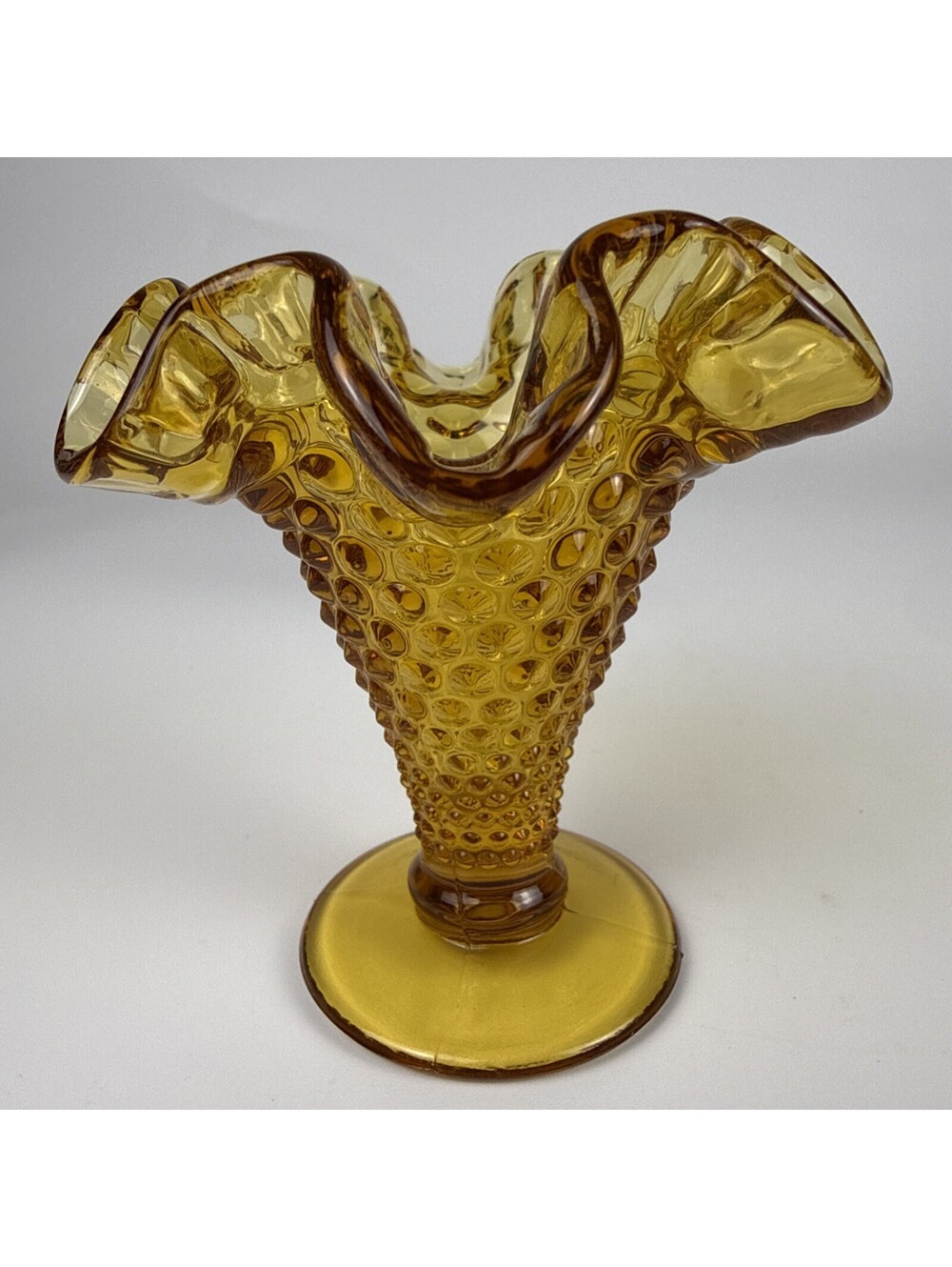 Fenton Colonial Amber Hobnail 4" Vase Double Crimped Ruffled Glass Miniature